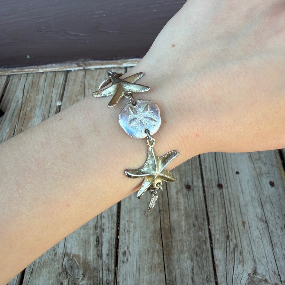 Starfish Sand Dollar Link Bracelet Women 8 Inch Silver Tone Coastal Mermaidcore